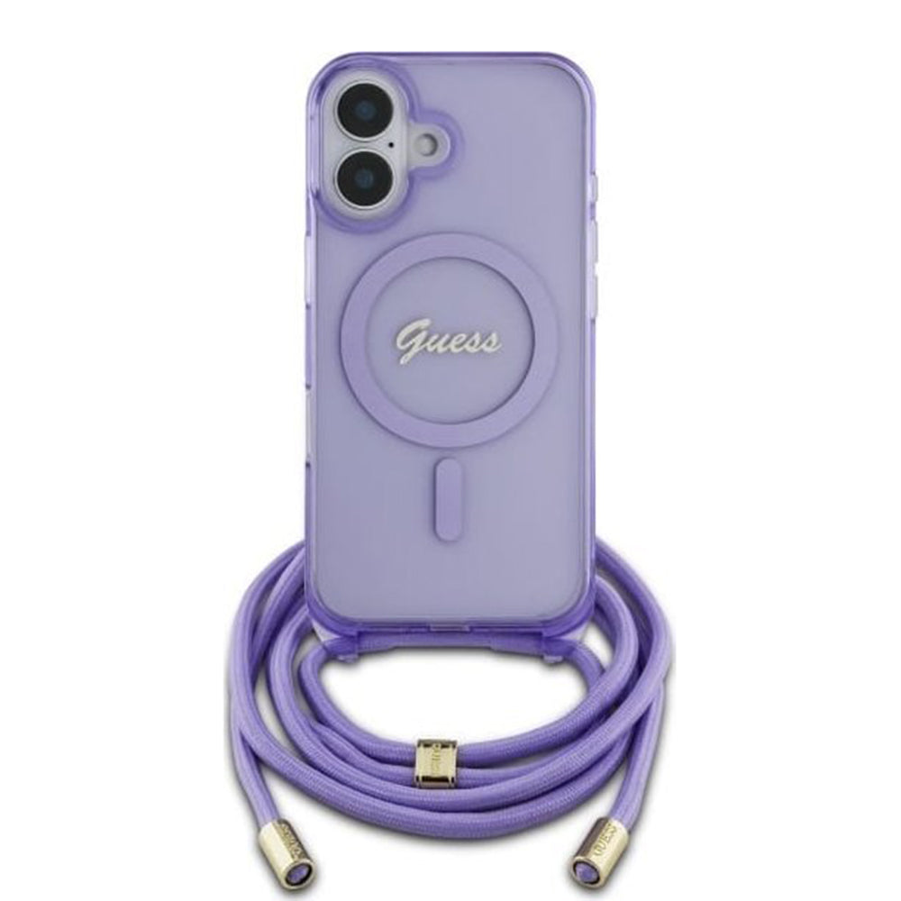 MagSafe Case for Apple iPhone 16, Guess, IML Crossbody Cord Script, Purple
