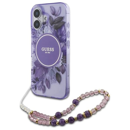 MagSafe Case for Apple iPhone 16, Guess, IML Flowers with Pearl Strap, Purple