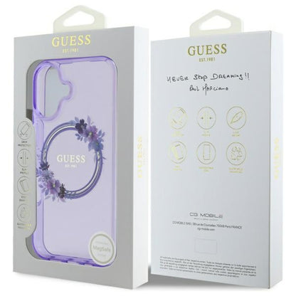 MagSafe Case for Apple iPhone 16, Guess, IML Flowers Wreath, Purple