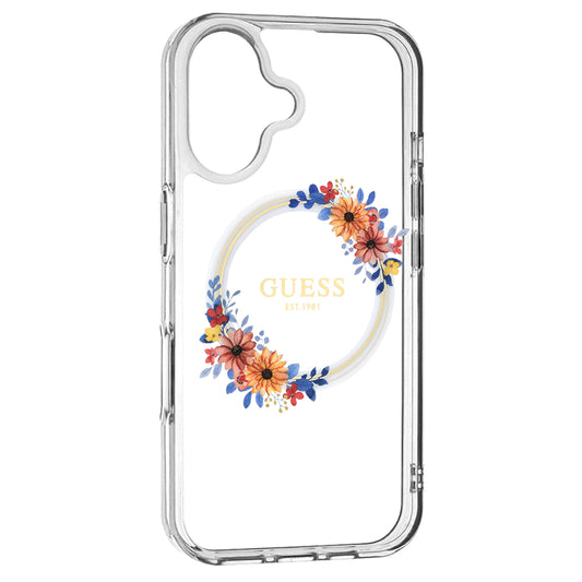 MagSafe Case for Apple iPhone 16, Guess, IML Flowers Wreath, Transparent
