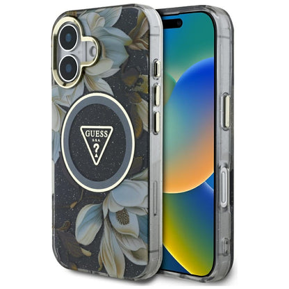 MagSafe Case for Apple iPhone 16, Guess, IML Metal Glitter Flowers Triangle, Black