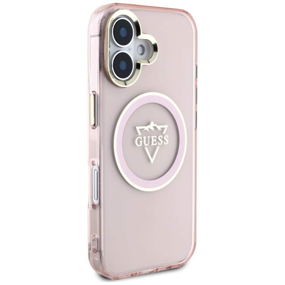 MagSafe Case for Apple iPhone 16, Guess, IML Metal Mountain Logo, Pink
