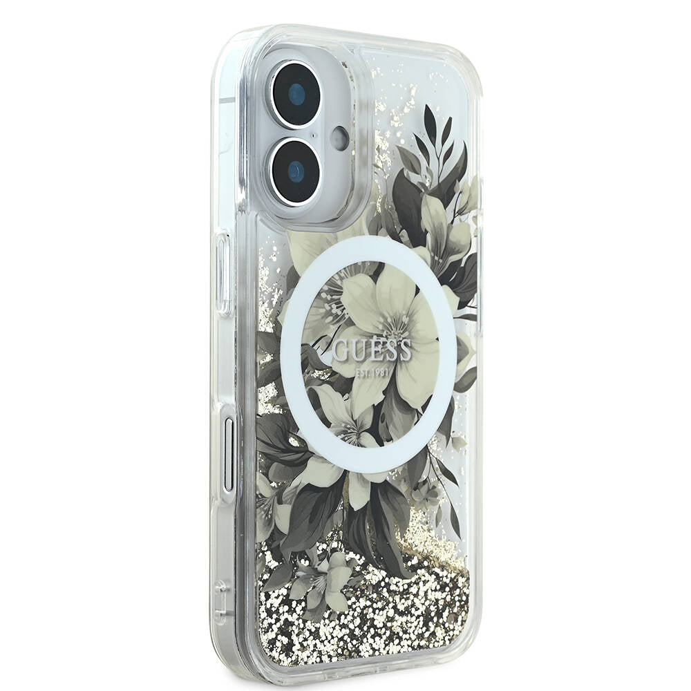 MagSafe Case for Apple iPhone 16, Guess, Liquid Glitter Flower, Beige