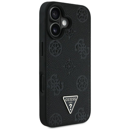 MagSafe Case for Apple iPhone 16, Guess, Peony Grained Hot Stamp Triangle, Black