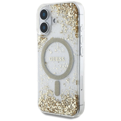 MagSafe Case for Apple iPhone 16, Guess, Resin Bottom Glitter, Gold