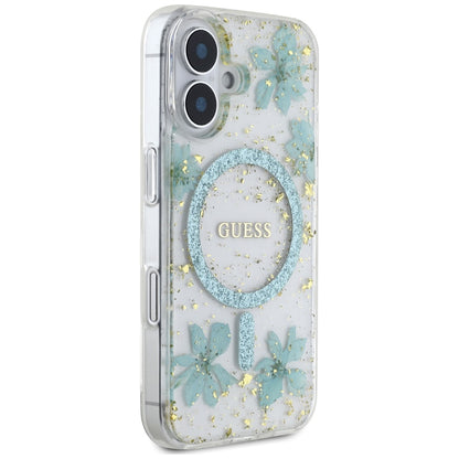 MagSafe Case for Apple iPhone 16, Guess, Resin Flowers and Glitter, Turquoise