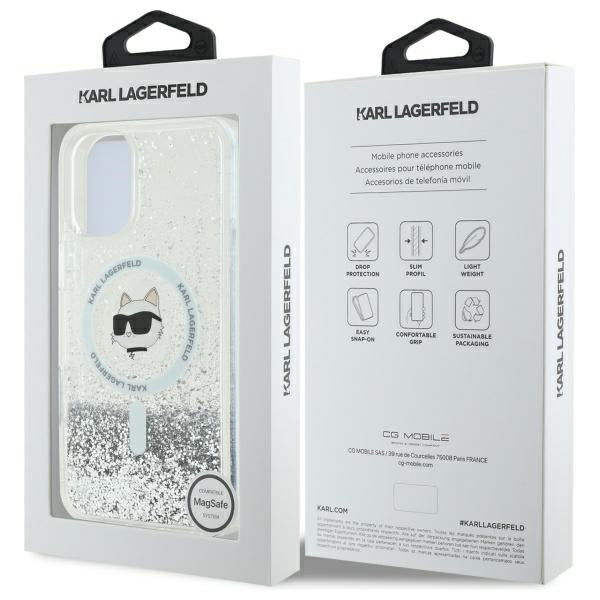 MagSafe Case for Apple iPhone 16, Karl Lagerfeld, Glitter Liquid Choupette Head, Transparent