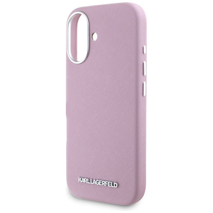 MagSafe Case for Apple iPhone 16, Karl Lagerfeld, Saffiano Full Wrapped Elongated Metal Logo, Pink