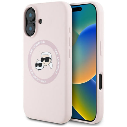 MagSafe Case for Apple iPhone 16, Karl Lagerfeld, Silicone Karl & Choupette's Heads, Pink