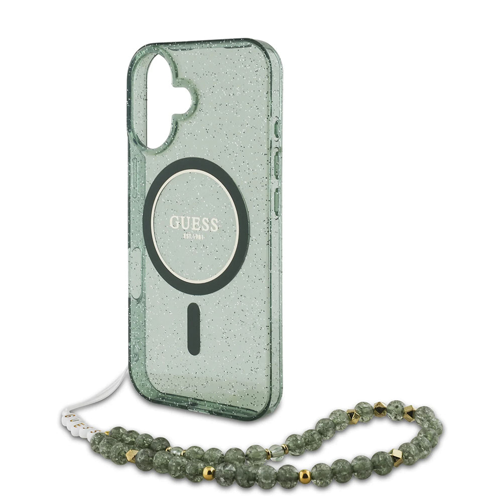 MagSafe Case for Apple iPhone 16 Plus, Guess, IML Glitter with Pearl Strap, Green