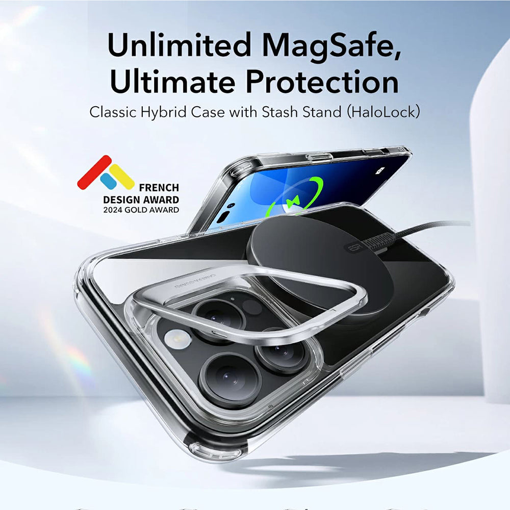 MagSafe Case for Apple iPhone 16 Pro, ESR, Classic Hybrid Kickstand, Transparent Gray
