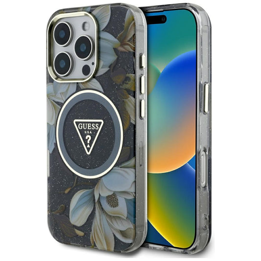 MagSafe Case for Apple iPhone 16 Pro, Guess, IML Metal Glitter Flowers Triangle, Black