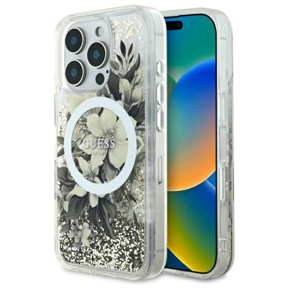 MagSafe Case for Apple iPhone 16 Pro, Guess, Liquid Glitter Flower, Beige