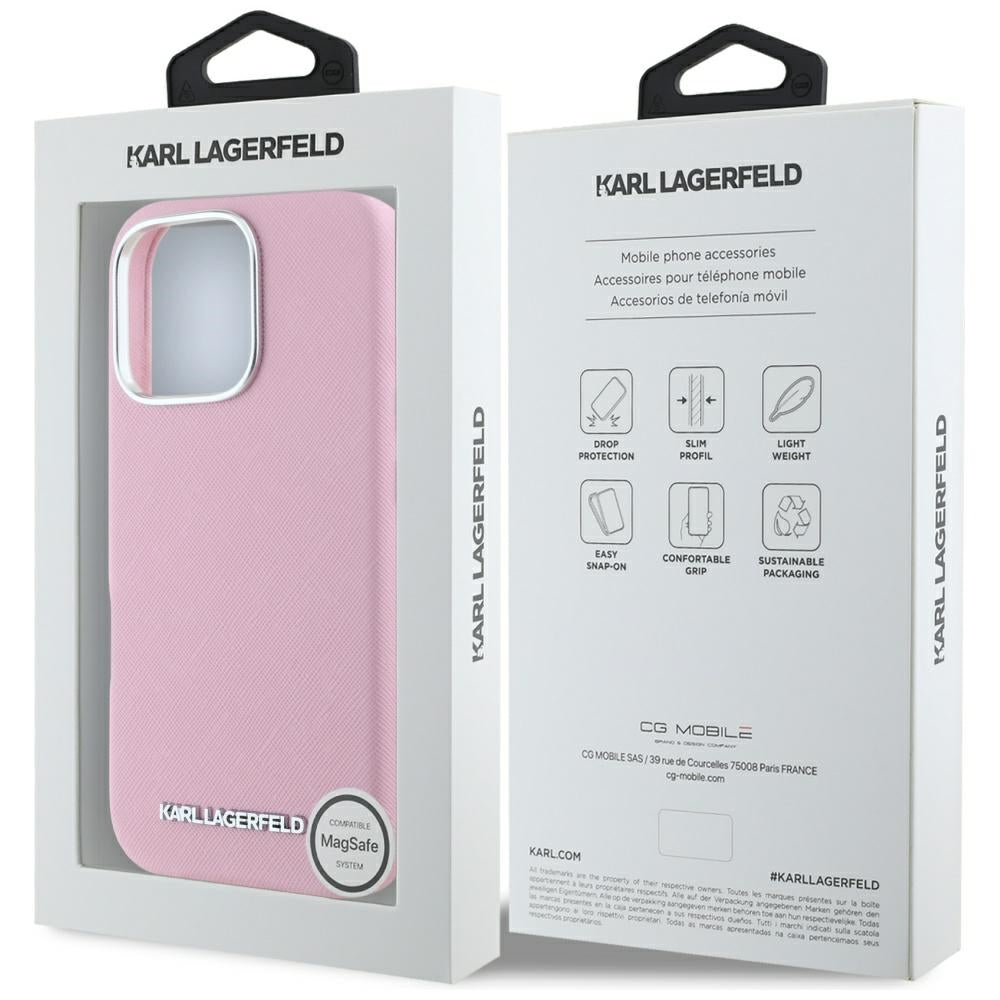 MagSafe Case for Apple iPhone 16 Pro, Karl Lagerfeld, Saffiano Full Wrapped Elongated Metal Logo, Pink