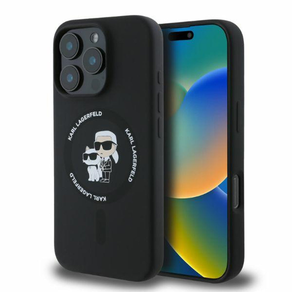 MagSafe Case for Apple iPhone 16 Pro, Karl Lagerfeld, Silicone Ring Karl & Choupette, Black