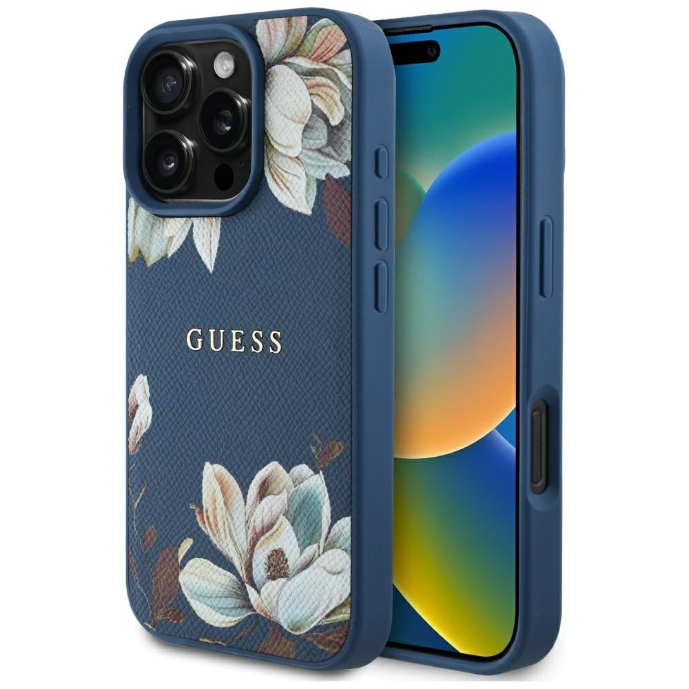 MagSafe Case for Apple iPhone 16 Pro Max, Guess, Grained Flowers, Blue