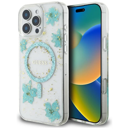 MagSafe Case for Apple iPhone 16 Pro Max, Guess, Resin Flowers and Glitter, Turquoise