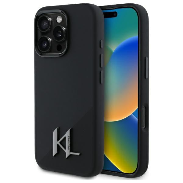 MagSafe Case for Apple iPhone 16 Pro Max, Karl Lagerfeld, Silicone Shadow Metal Initial, Black