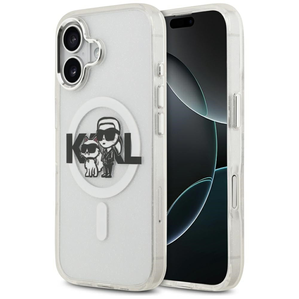 MagSafe Case for Apple iPhone 17, Karl Lagerfeld, IML Sketch Logo Glitter Karl & Choupette, Transparent