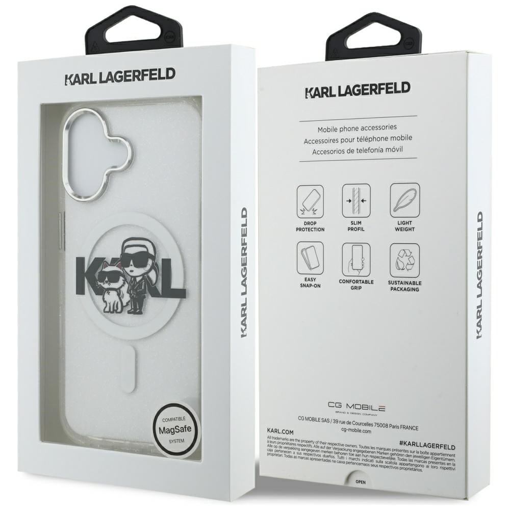 MagSafe Case for Apple iPhone 17, Karl Lagerfeld, IML Sketch Logo Glitter Karl & Choupette, Transparent