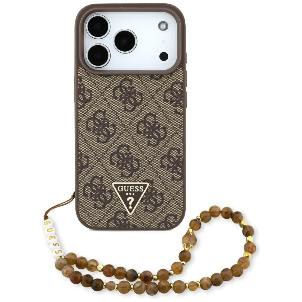 MagSafe Case for Apple iPhone 17 Pro, Guess, 4G Triangle Logo with Pearl Strap, Brown