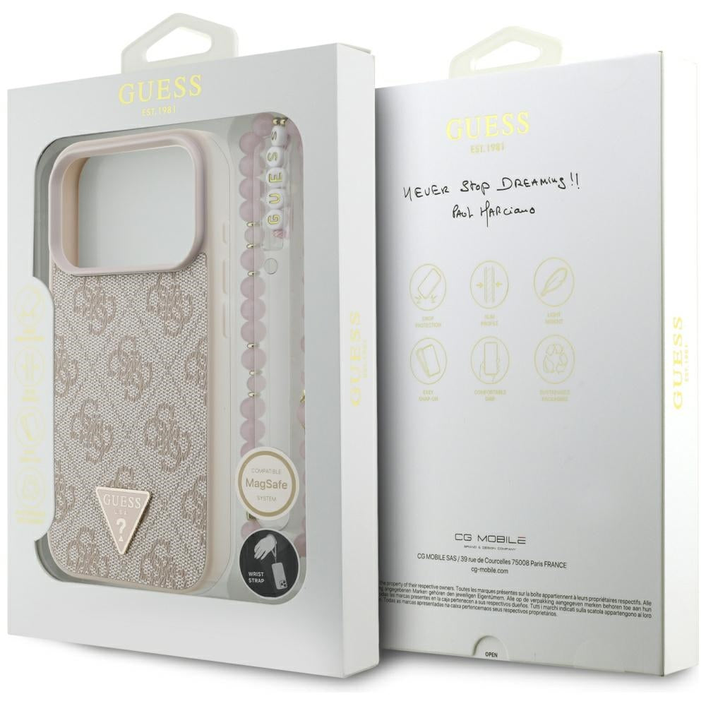 MagSafe Case for Apple iPhone 17 Pro, Guess, 4G Triangle Logo with Pearl Strap, Pink