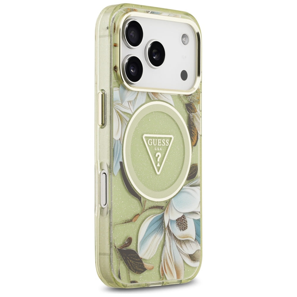 MagSafe Case for Apple iPhone 17 Pro, Guess, IML Metal Glitter Flowers Triangle, Green