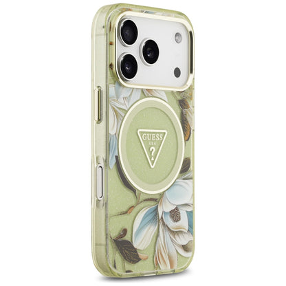 MagSafe Case for Apple iPhone 17 Pro, Guess, IML Metal Glitter Flowers Triangle, Green