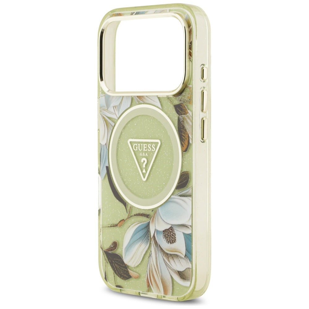 MagSafe Case for Apple iPhone 17 Pro, Guess, IML Metal Glitter Flowers Triangle, Green