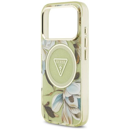 MagSafe Case for Apple iPhone 17 Pro, Guess, IML Metal Glitter Flowers Triangle, Green