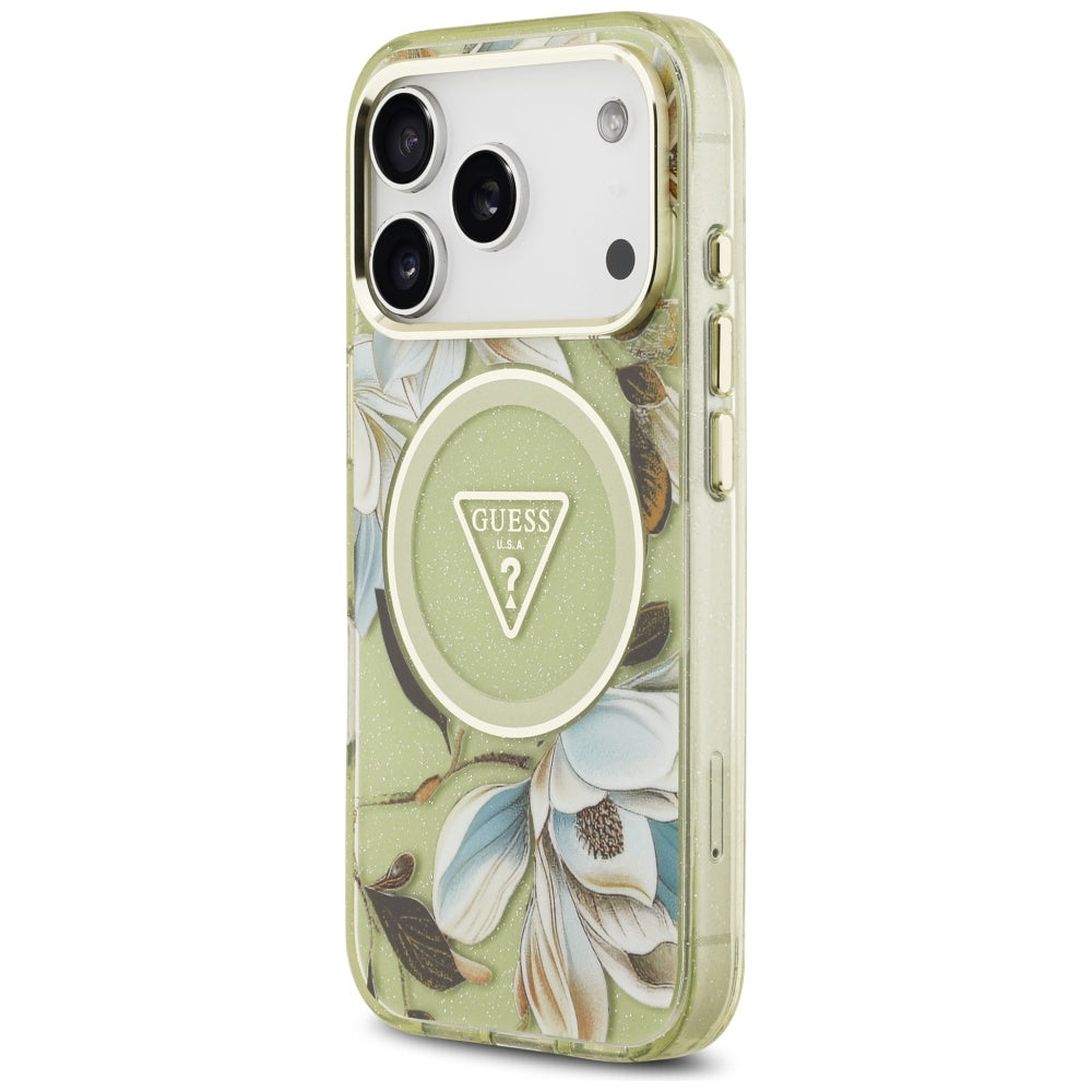 MagSafe Case for Apple iPhone 17 Pro, Guess, IML Metal Glitter Flowers Triangle, Green