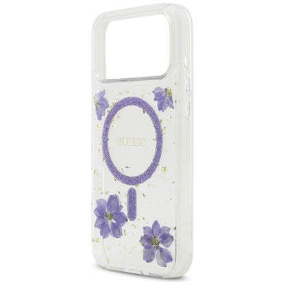 MagSafe Case for Apple iPhone 17 Pro, Guess, Resin Flowers and Glitter, Purple