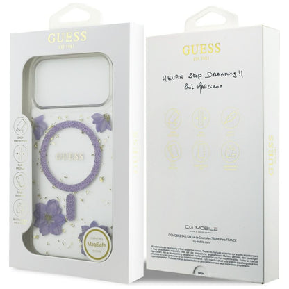MagSafe Case for Apple iPhone 17 Pro, Guess, Resin Flowers and Glitter, Purple