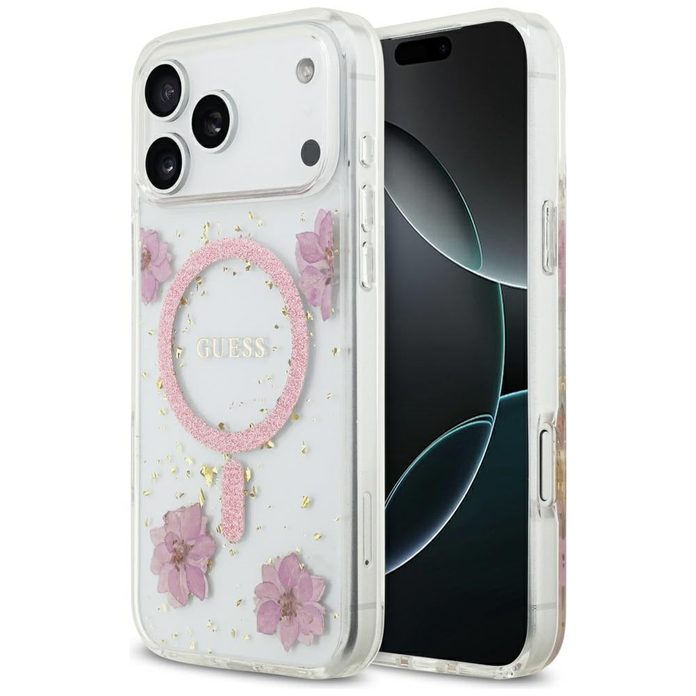 MagSafe Case for Apple iPhone 17 Pro, Guess, Resin Flowers and Glitter, Pink