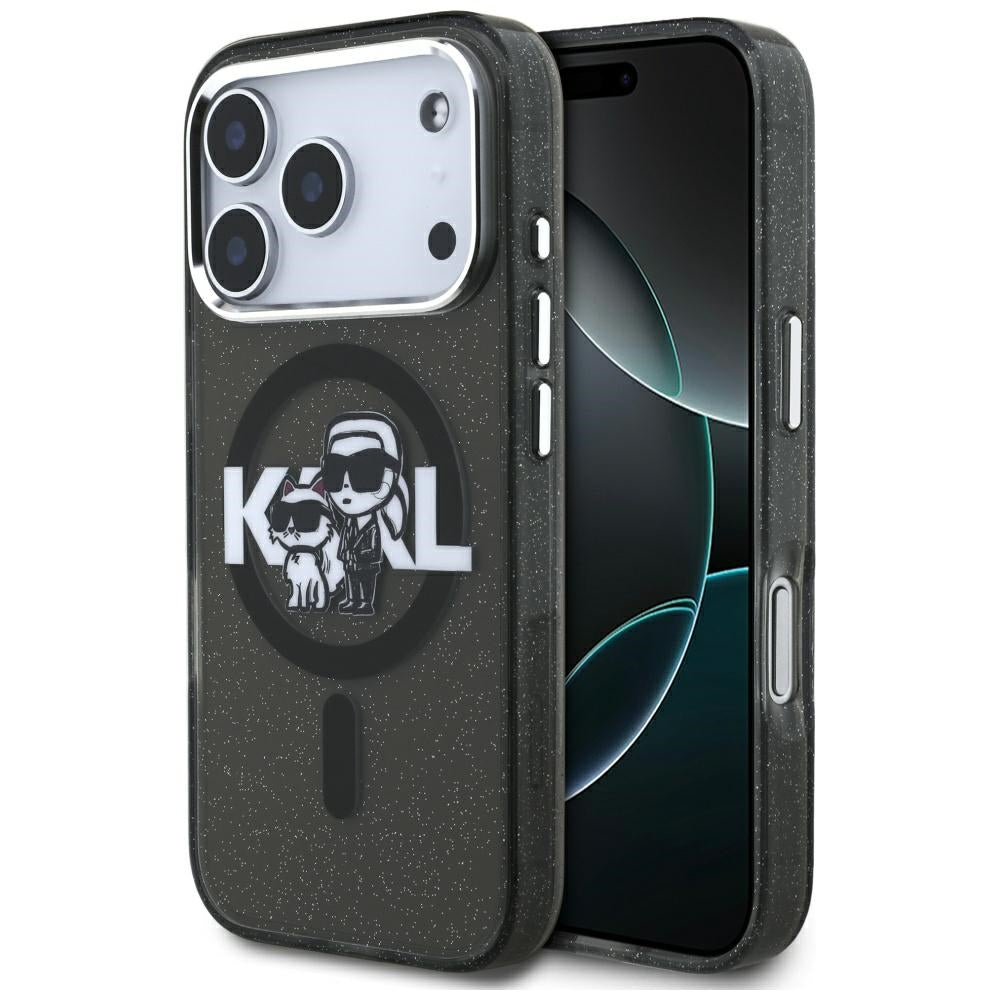 MagSafe Case for Apple iPhone 17 Pro, Karl Lagerfeld, IML Sketch Logo Glitter Karl & Choupette, Black