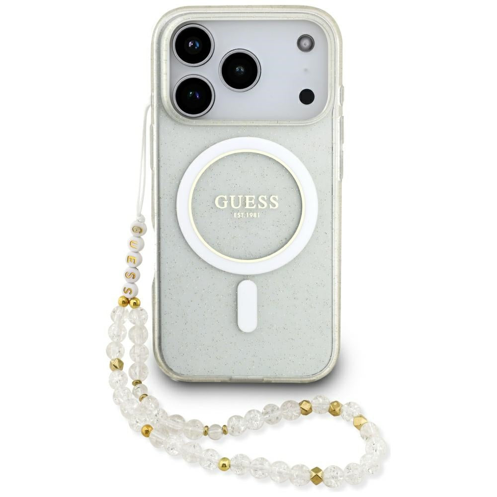MagSafe Case for Apple iPhone 17 Pro Max, Guess, IML Glitter with Pearl Strap, Transparent