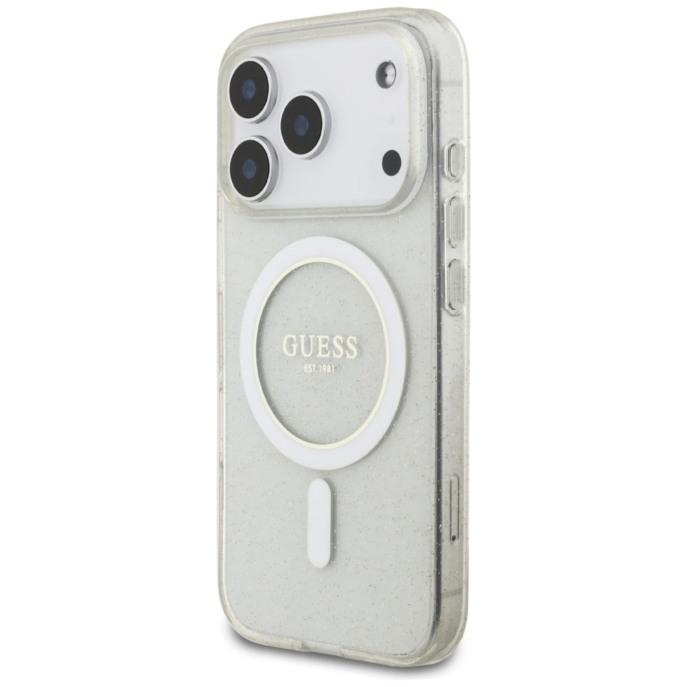 MagSafe Case for Apple iPhone 17 Pro Max, Guess, IML Glitter with Pearl Strap, Transparent