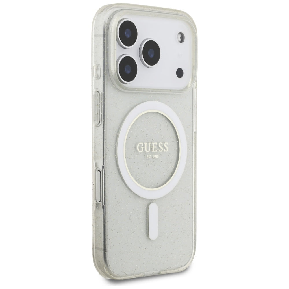 MagSafe Case for Apple iPhone 17 Pro Max, Guess, IML Glitter with Pearl Strap, Transparent