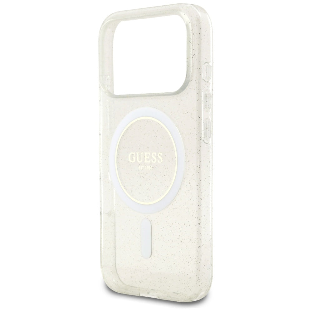 MagSafe Case for Apple iPhone 17 Pro Max, Guess, IML Glitter with Pearl Strap, Transparent