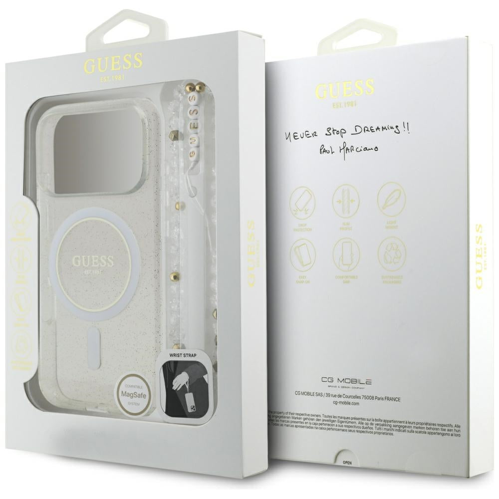 MagSafe Case for Apple iPhone 17 Pro Max, Guess, IML Glitter with Pearl Strap, Transparent
