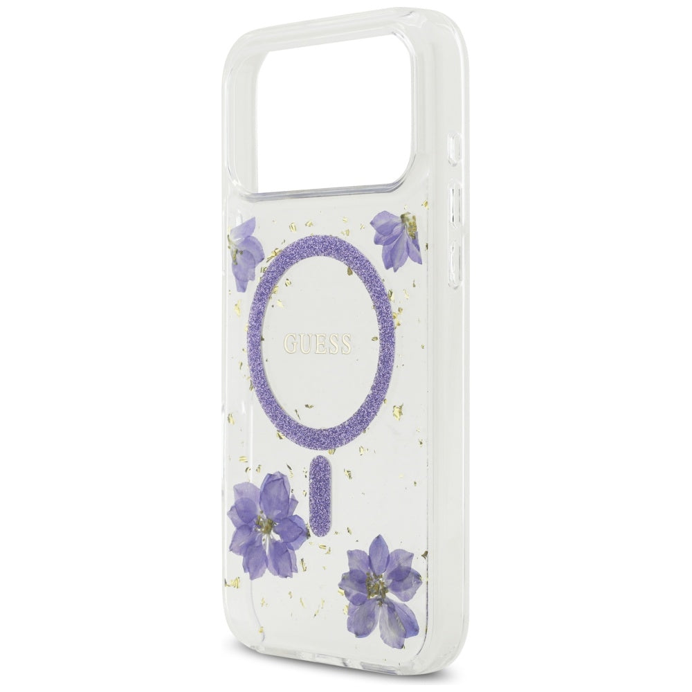 MagSafe Case for Apple iPhone 17 Pro Max, Guess, Resin Flowers and Glitter, Purple