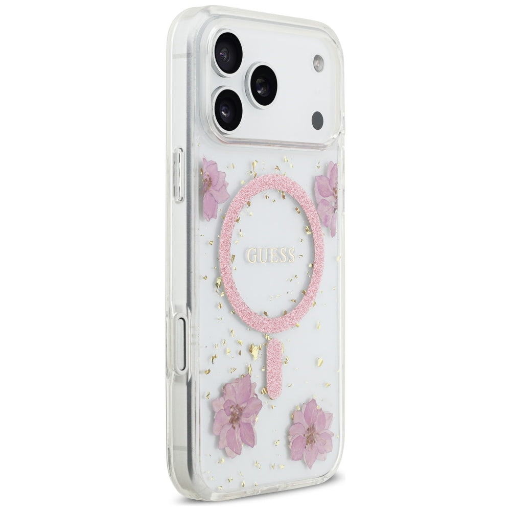 MagSafe Case for Apple iPhone 17 Pro Max, Guess, Resin Flowers and Glitter, Pink
