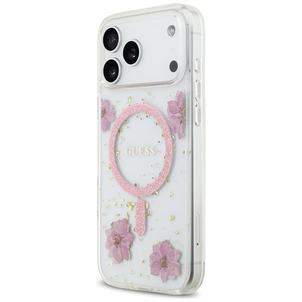 MagSafe Case for Apple iPhone 17 Pro Max, Guess, Resin Flowers and Glitter, Pink