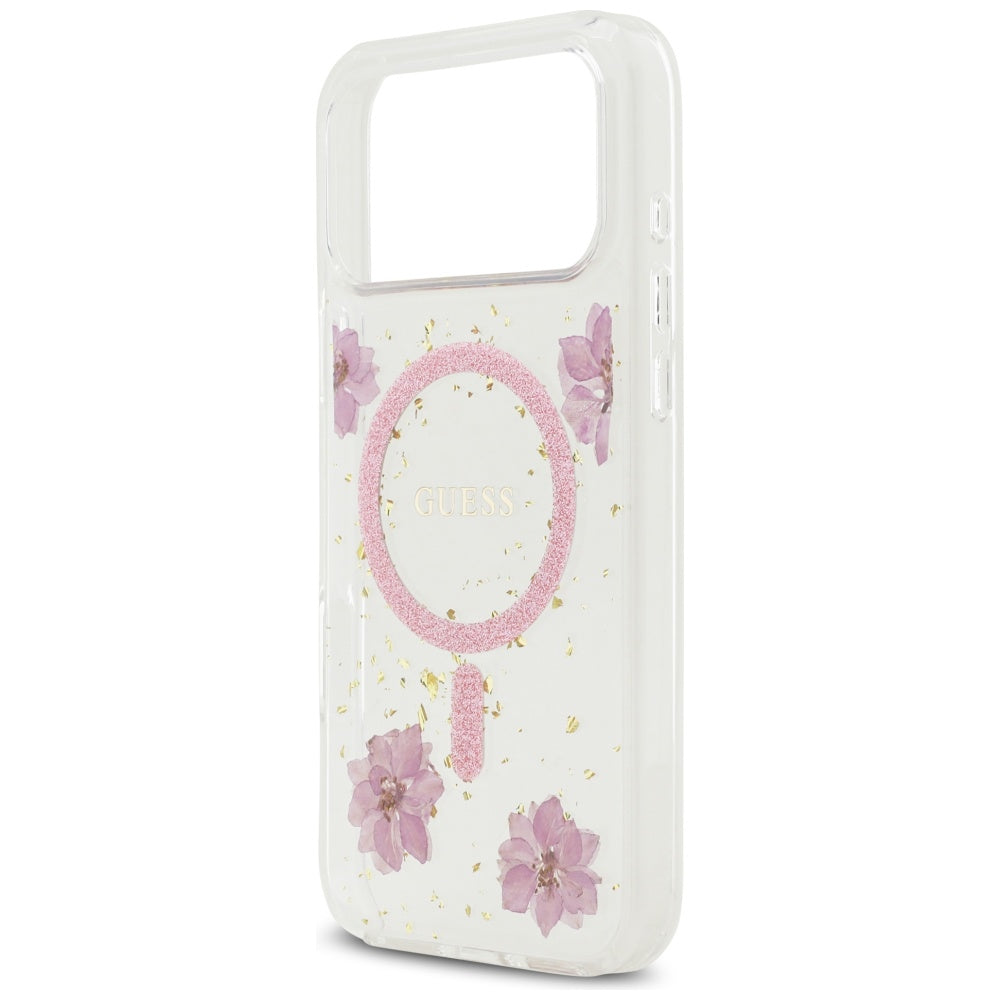 MagSafe Case for Apple iPhone 17 Pro Max, Guess, Resin Flowers and Glitter, Pink