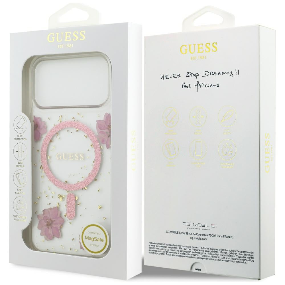 MagSafe Case for Apple iPhone 17 Pro Max, Guess, Resin Flowers and Glitter, Pink