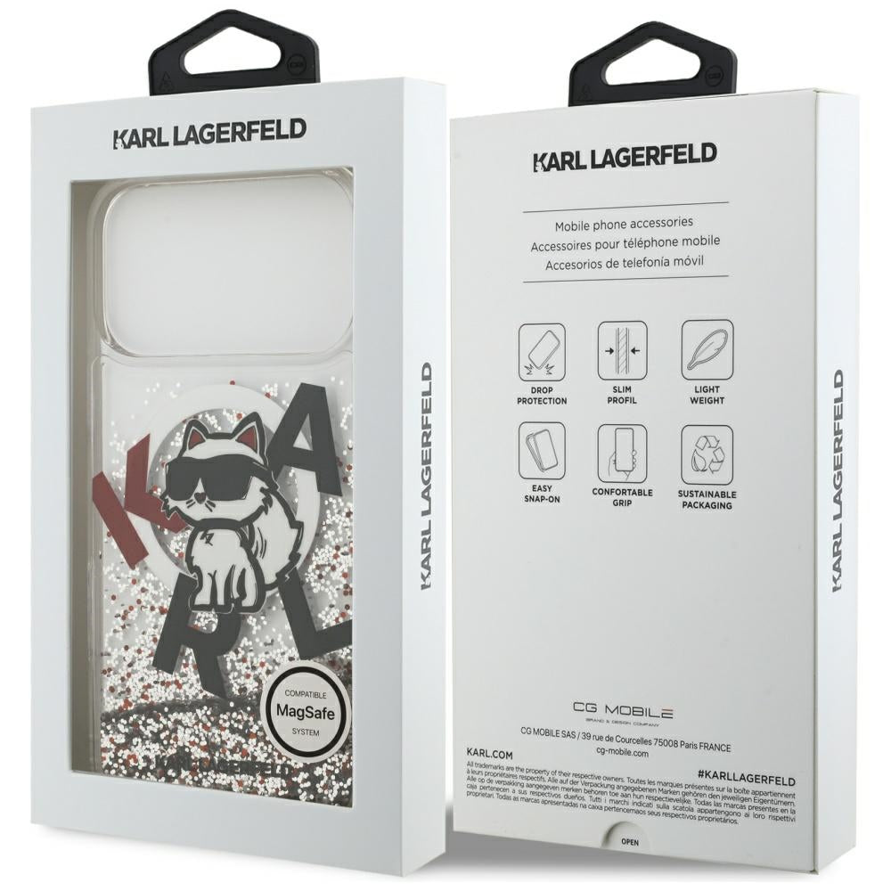 MagSafe Case for Apple iPhone 17 Pro Max, Karl Lagerfeld, Liquid Glitter Logo Choupette, Transparent