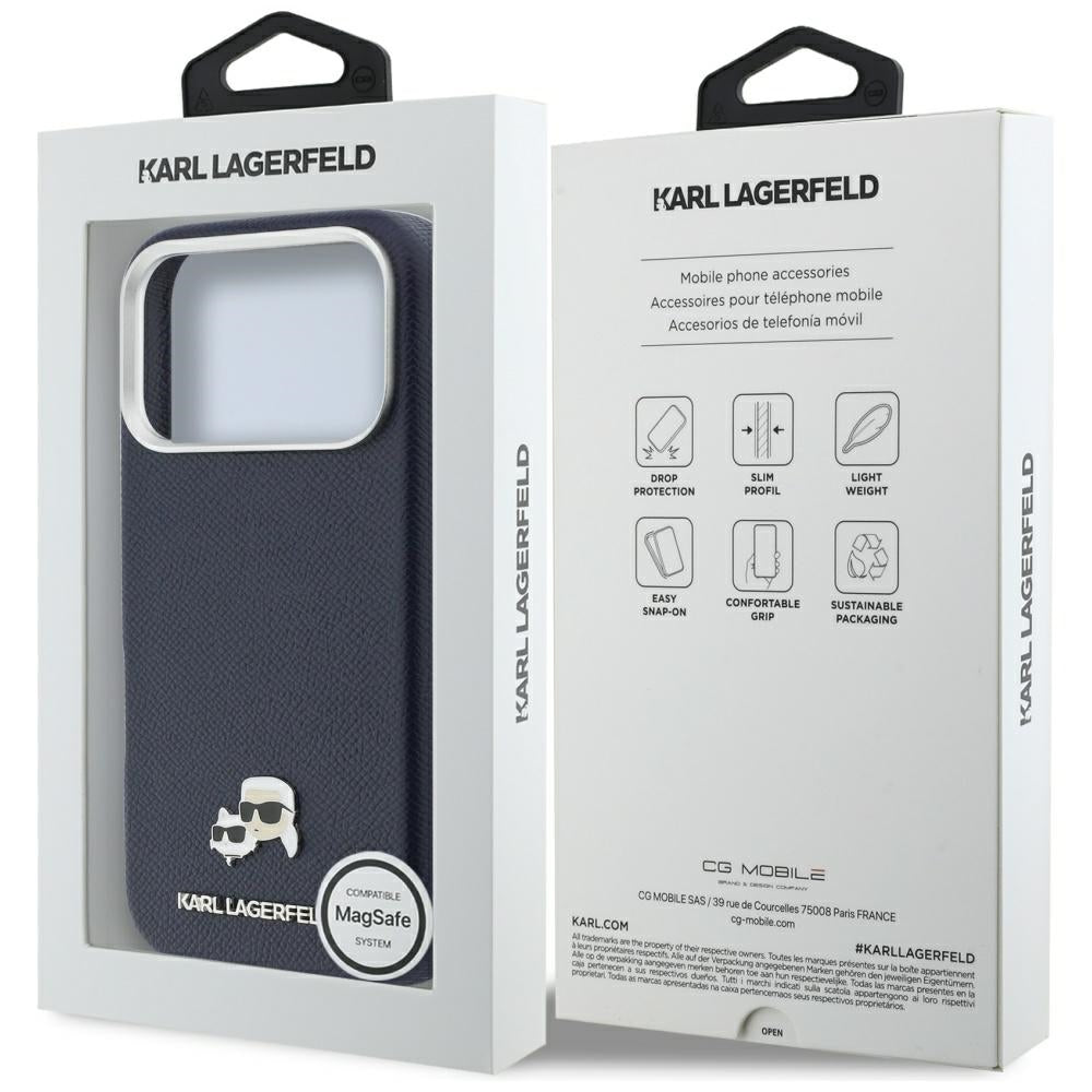 MagSafe Case for Apple iPhone 17 Pro Max, Karl Lagerfeld, Saffiano Karl & Choupette Pins, Blue
