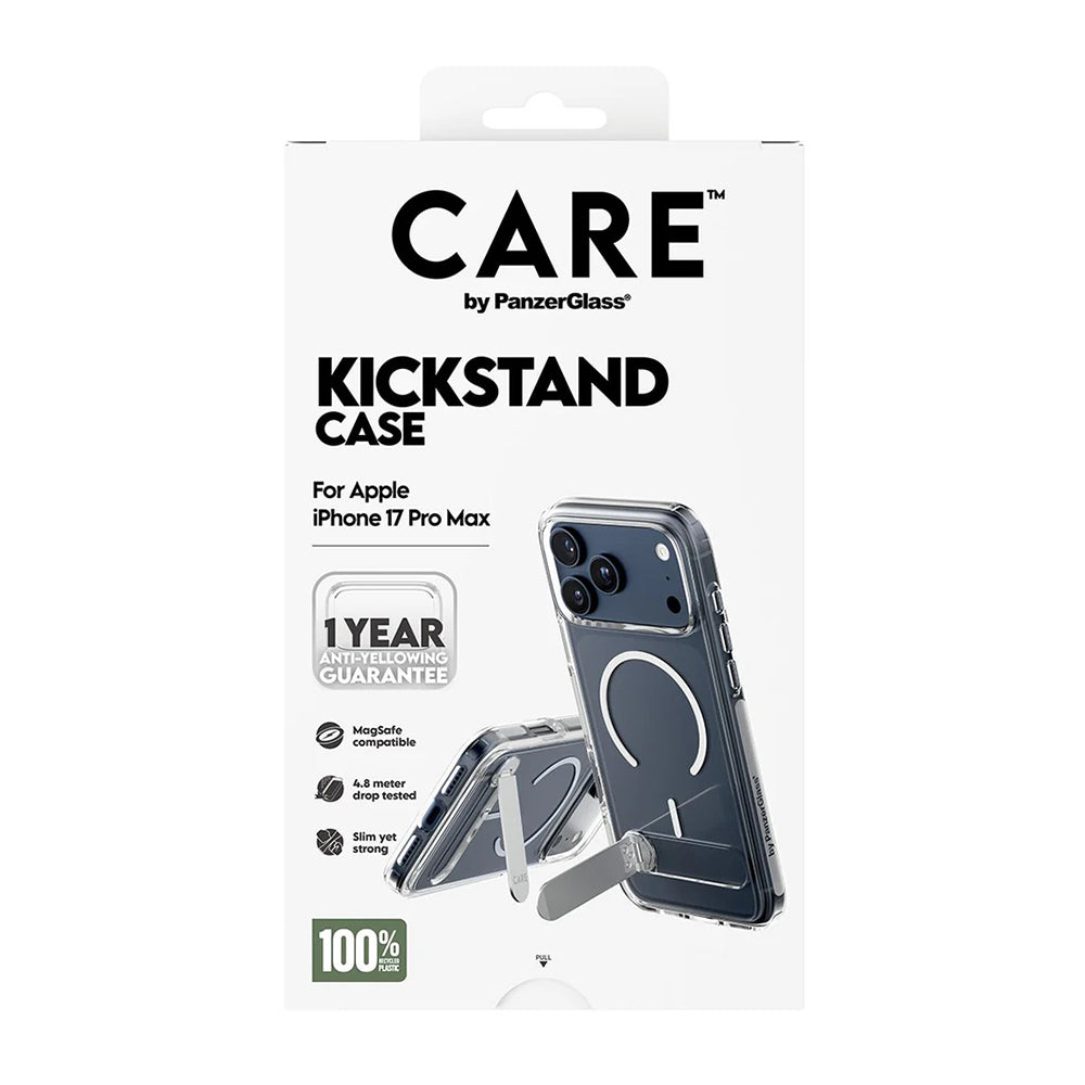 MagSafe Case for Apple iPhone 17 Pro Max, PanzerGlass, Care Feature Kickstand, White Transparent