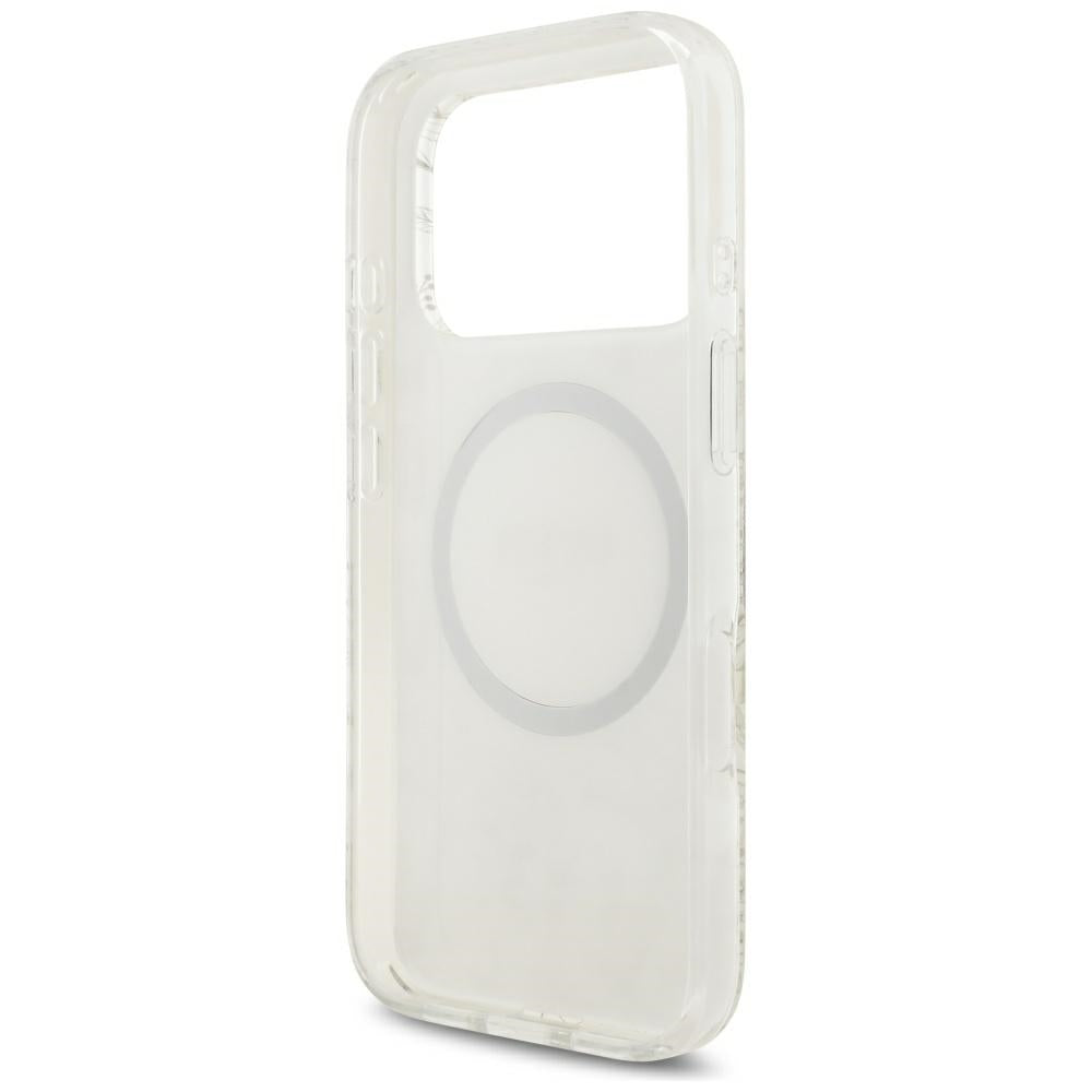 MagSafe Case for Apple iPhone 18 Pro / 17 Pro, Guess, IML Flowers Electroplated with Pearl Strap, White