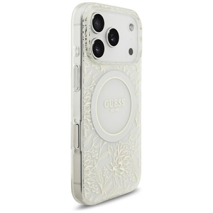 MagSafe Case for Apple iPhone 18 Pro / 17 Pro, Guess, IML Flowers Electroplated with Pearl Strap, White